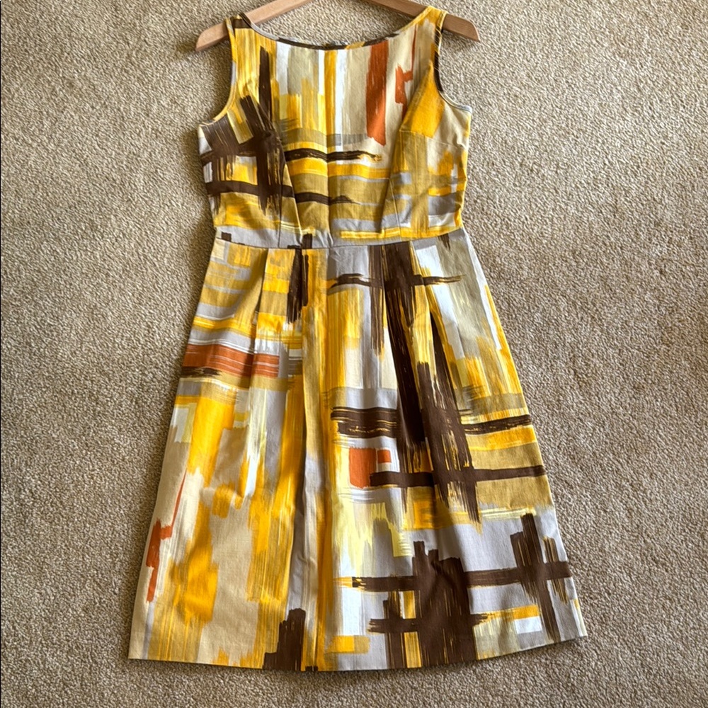 Abstract Patterned Yellow & Brown Dress - Sleeveless, Tabitha